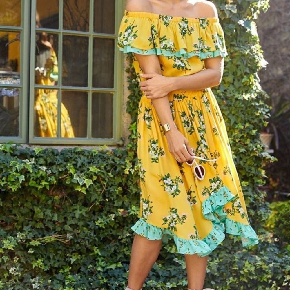 NEW Matilda Jane‎ Hooked On A Feeling Midi Dress S Yellow Aqua Ruffle NWT